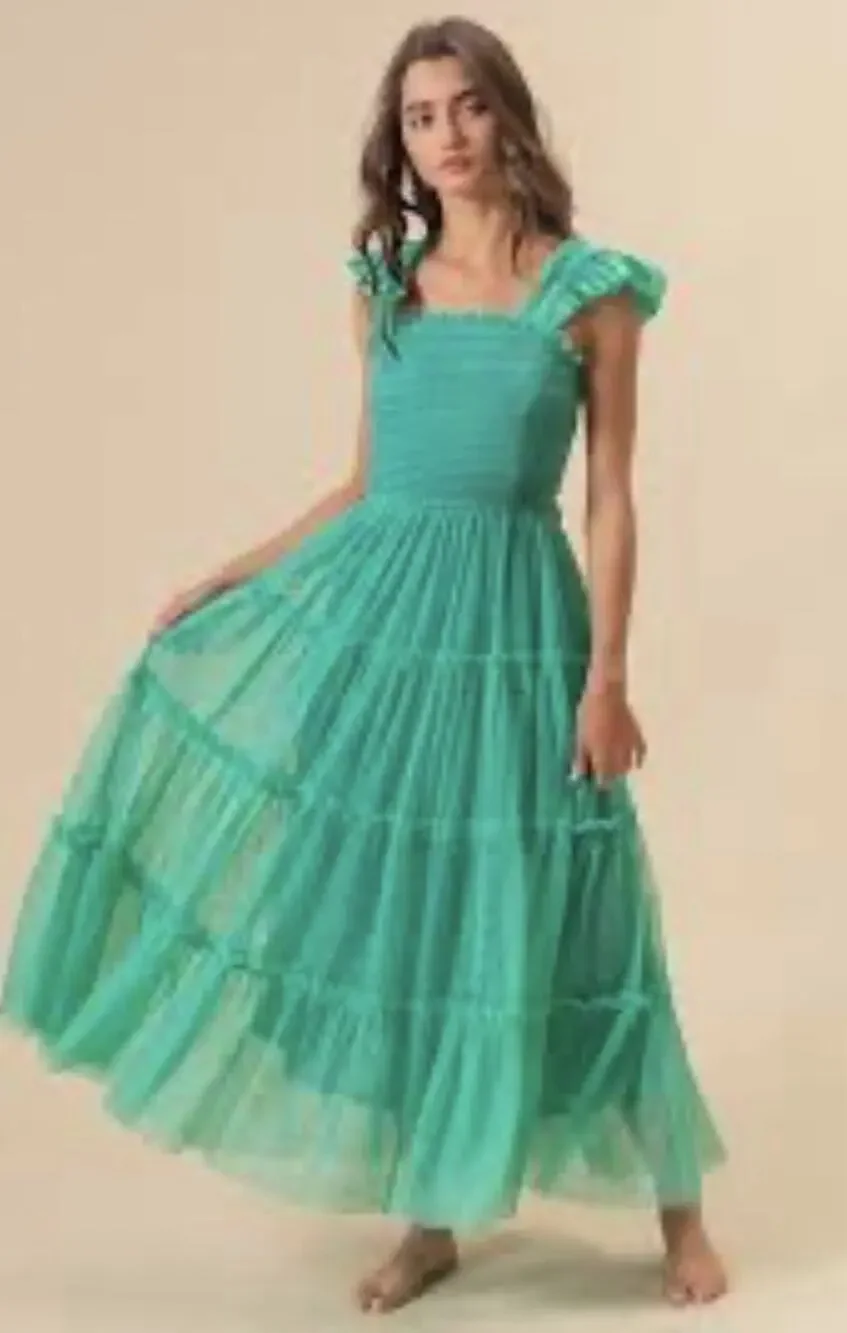 Bibi Smocked Tulle Tiered Jade Green Maxi Dress XL Cocktail Formal - Picture 1 of 8